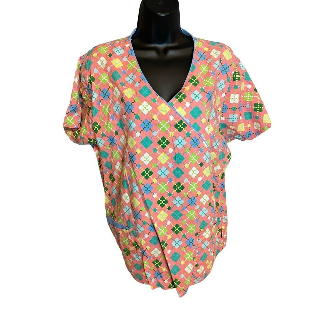 Dickies Orange Argyle Pullover V-Neck Short Sleeved Scrub Smock Sz L